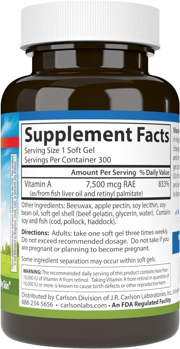 Carlson Labs Vitamin A with Pectin, 25000 IU, 300 Softgels Free Delivery