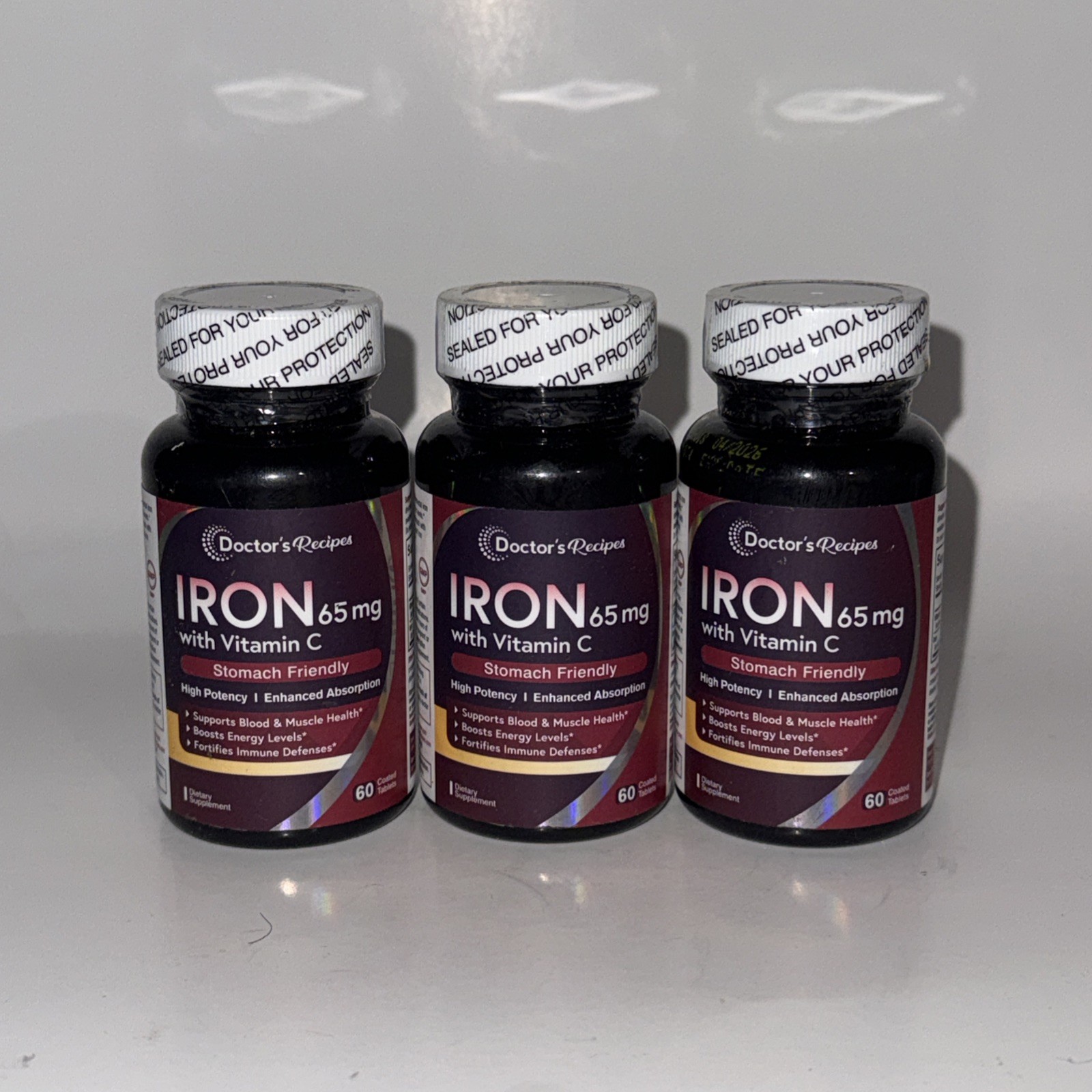 3x Doctor’s Recipes Iron Supplement 65 mg with Vitamin C Exp 04/26