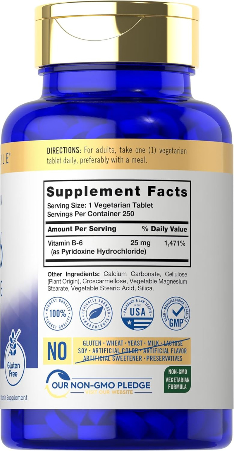 Vitamin B6 25 Mg 250 Tablets Supplement for Women and Men as Pyridoxine Hydrochl