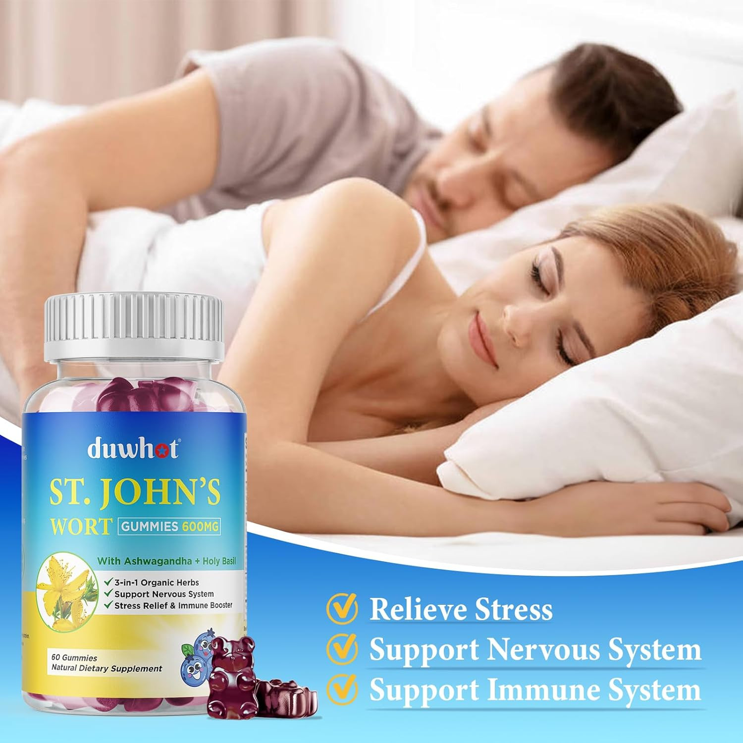 Duwhot St John’S Wort Gummies 600Mg, 3 in 1 Organic Herbal Supplements for Stres