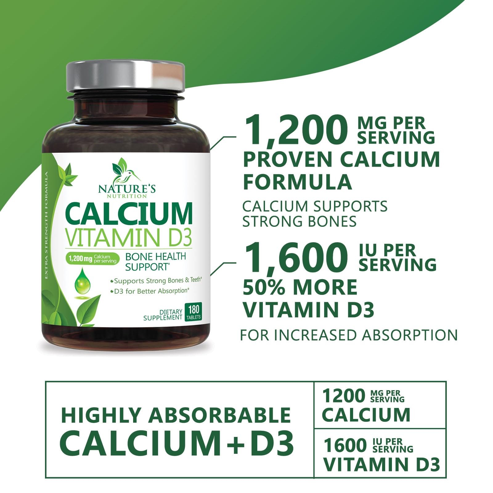 Calcium Supplement with Vitamin D3-1200 mg per 180 Count (Pack of 1)