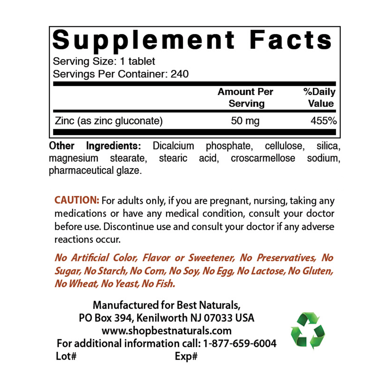 Best Naturals Zinc 50 mg 240 Tablets