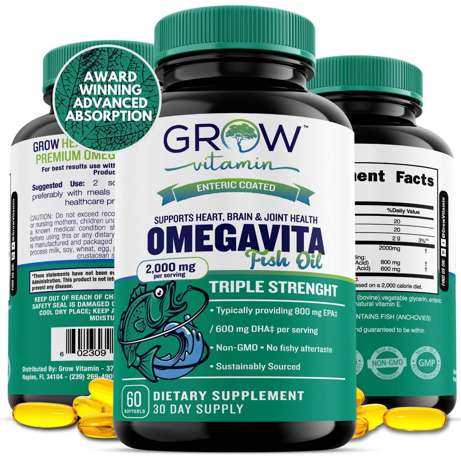 Omega 3 Fish Oil Small, Potent, Joint Pain Relief, Coated, NON-GMO, Made in USA