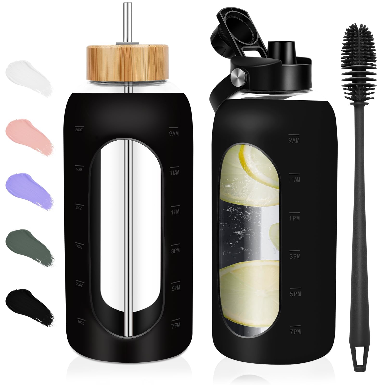 FULBEVY Glass Water Bottles 64 oz – Half Gallon Large 64 Ounces, Black
