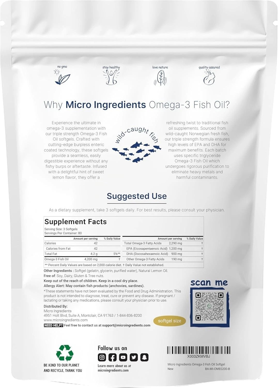 240 Non-GMO Omega 3 Fish Oil Softgels – Triple Strength, Burpless & Gluten-Free