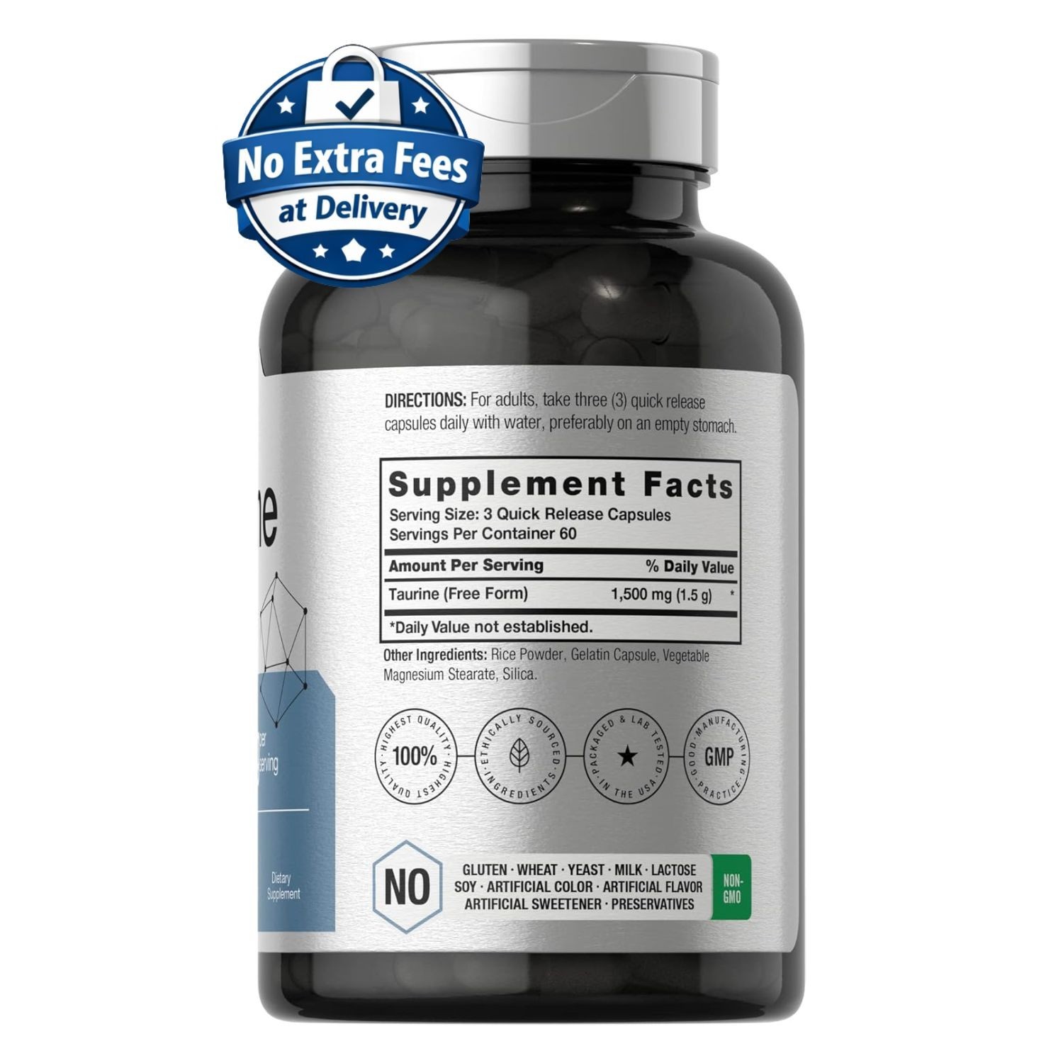 Suplemento Taurina 1500 mg 180 Cápsulas 60 Porciones | Aminoácido en Forma Libre