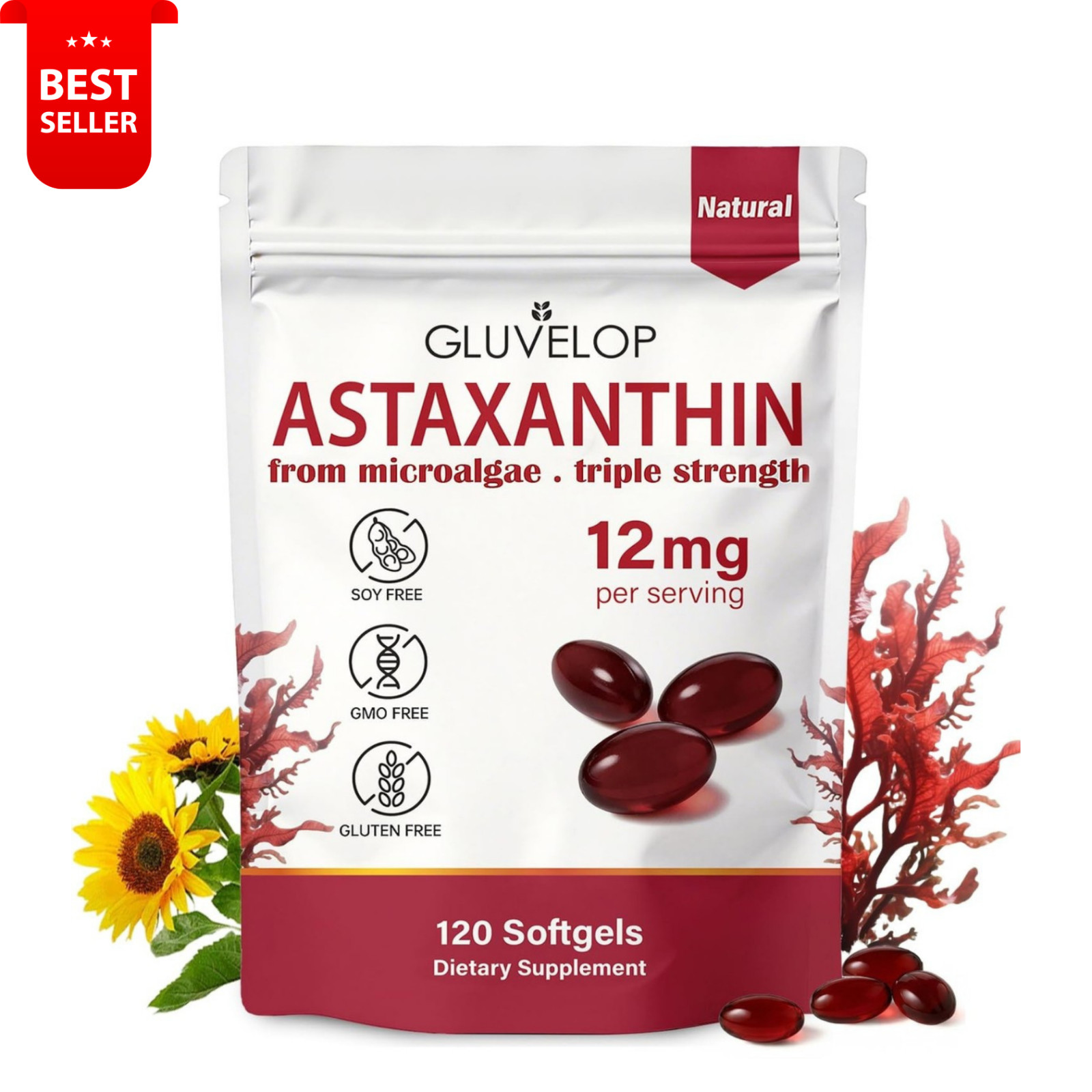 Astaxanthin 12mg 120 Softgels, 4 Month Supply,Triple Strength,Non-GMO,Eye Health