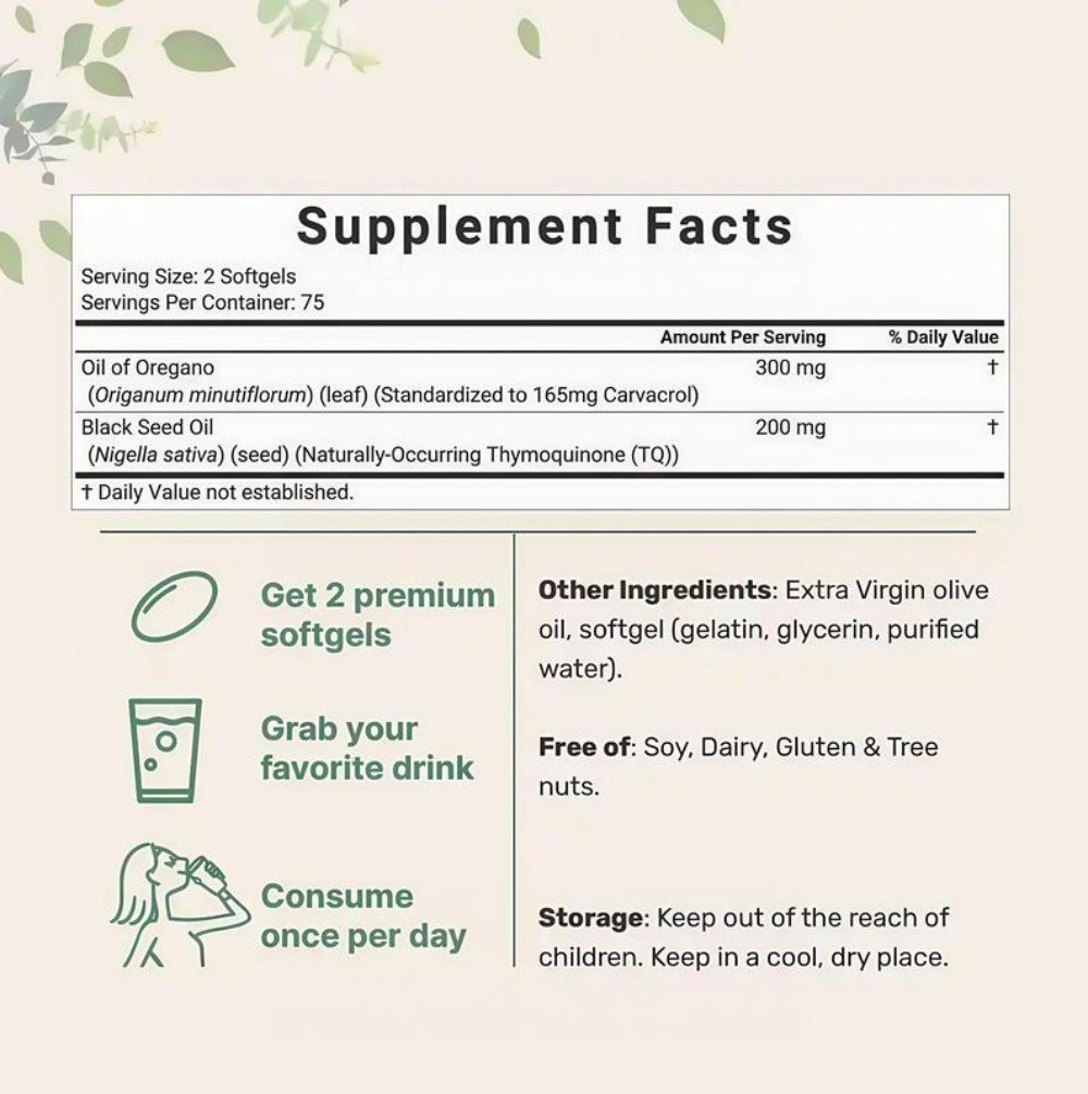 2 in 1 Oil of Oregano & Black Seed Softgels Count with Carvacrol, 40% discount