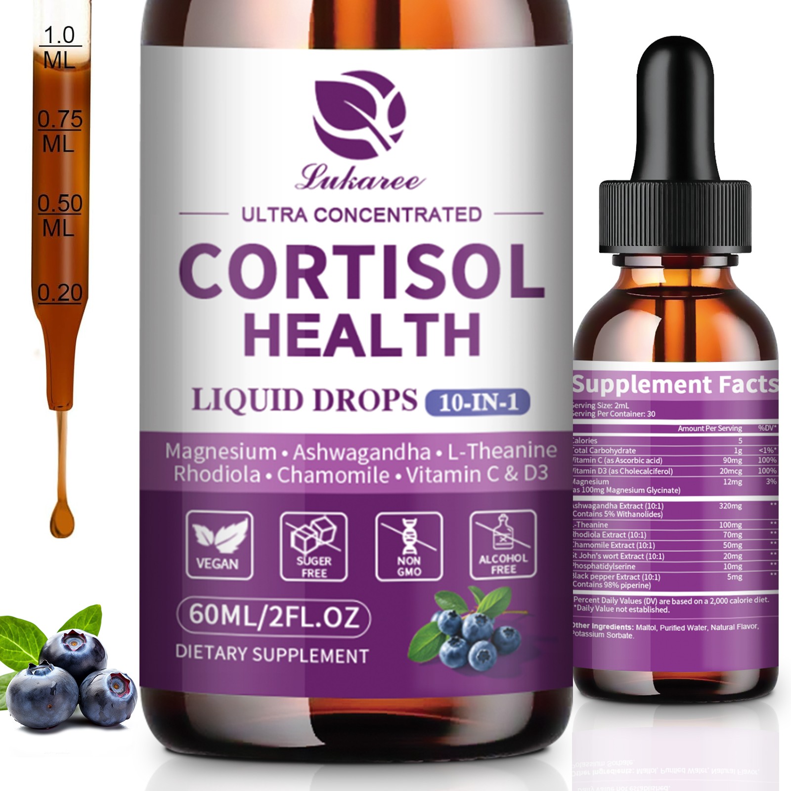 Cortisol Support Liquid Drop w/ Magnesium Ashwagandha -Balanced Adrenal Function