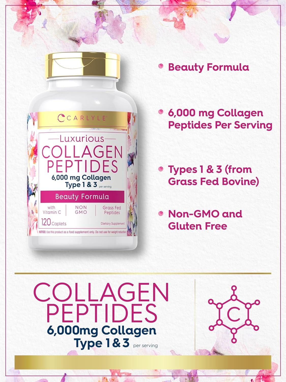 Collagen Peptides Pills 6000 mg | 120 Caplets | Type 1 & 3, Vitamin C | Carlyle