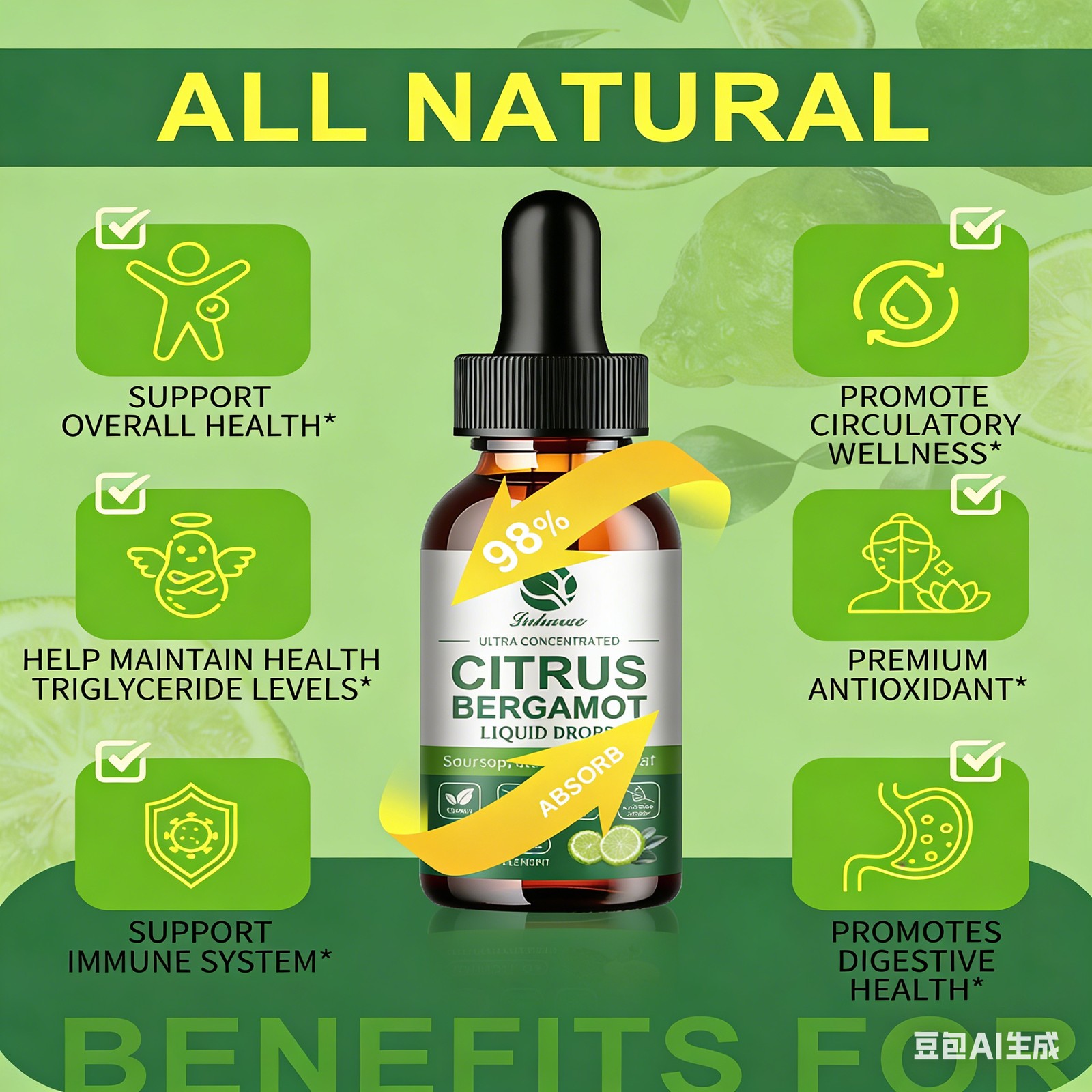 Organic Citrus Bergamot Bergamia Extract 1000 mg Liquid Drops 60ml×2 w/ Soursop