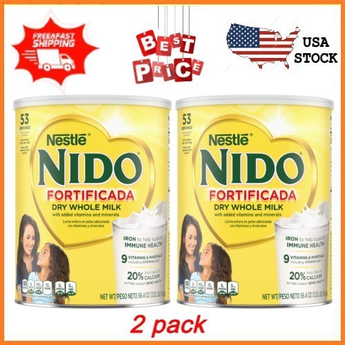 2 pack NIDO Fortificada Dry Whole Milk Powder Vitamins A C D Iron Calcium 56.4oz