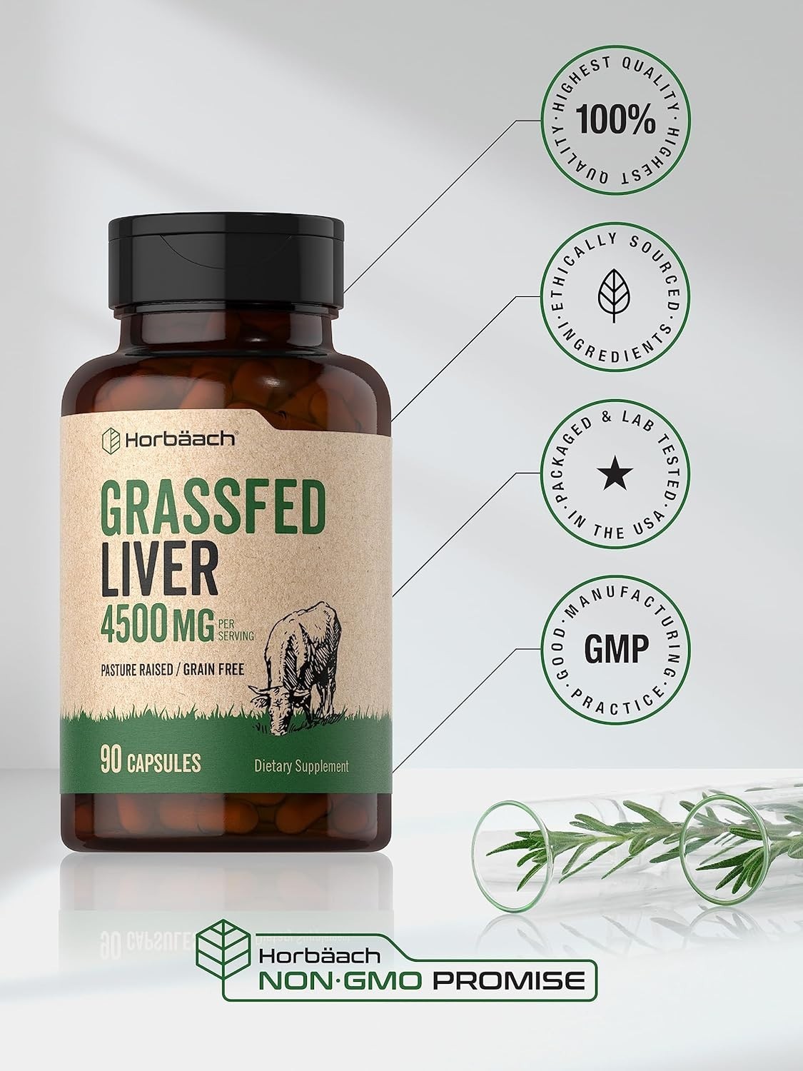 Grass Fed Beef Liver Supplement 4500mg, 90 Count Pasture Raised Non-GMO Horbaach