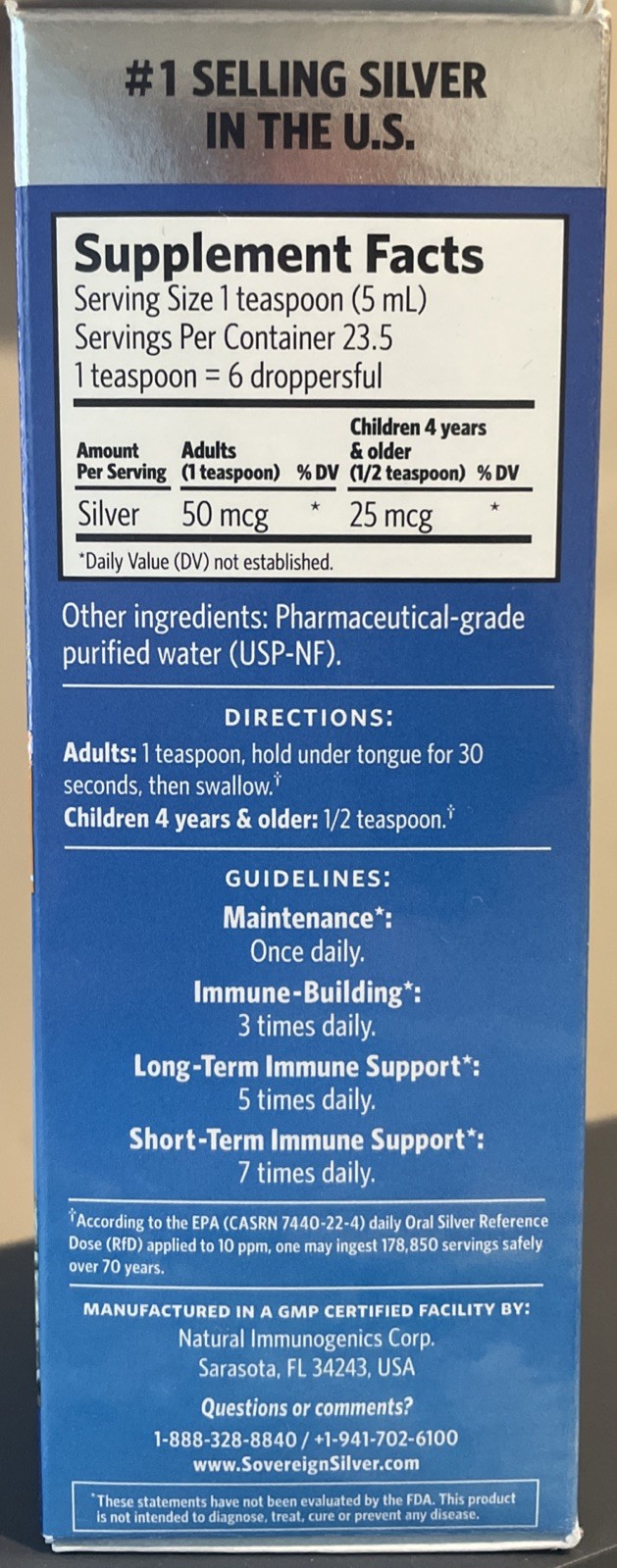 Sovereign Silver- Bio-Active Silver Hydrosol 4 Fl Oz Dropper Top Immune Support