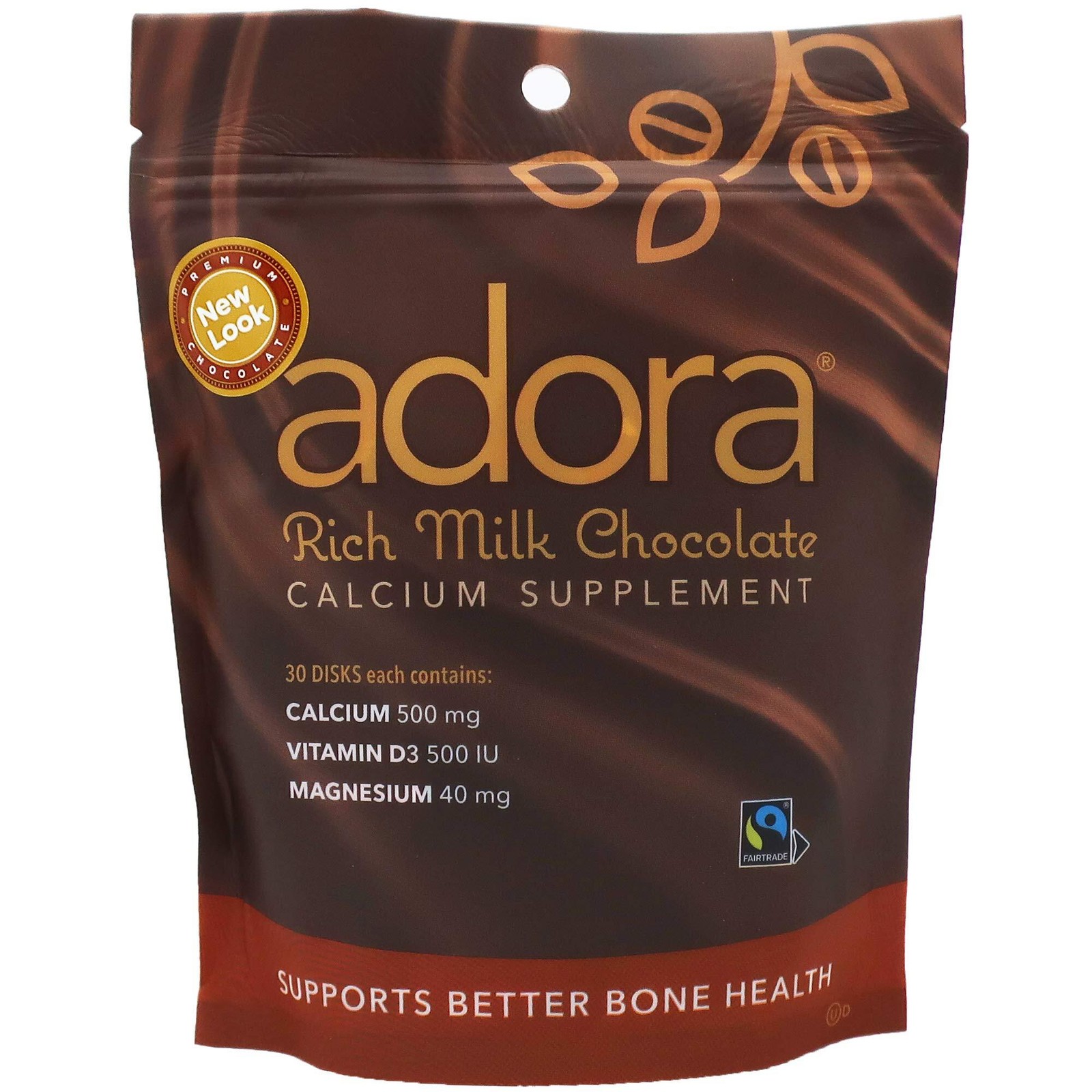 2x Adora Calcium Supplement, Fairtrade Milk Chocolate, Single Pack – 30 ct