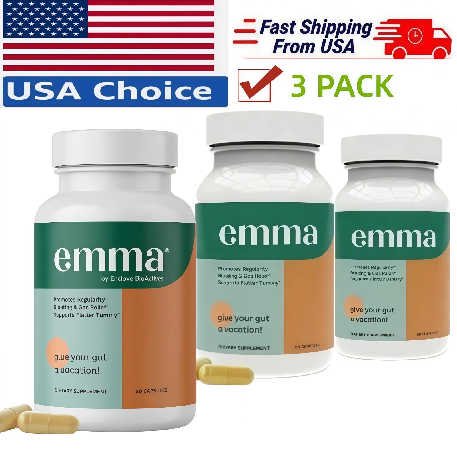 3Pack Emma Gut Health Supplement 180 Capsules for Bloating Relief & Leaky Gut