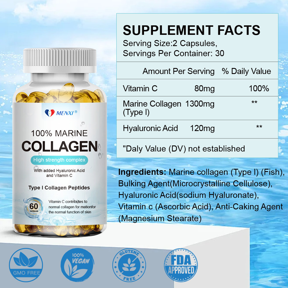 Marine Collagen Capsules 1300mg Hyaluronic Acid,Vitamin C,Skin Health Supplement