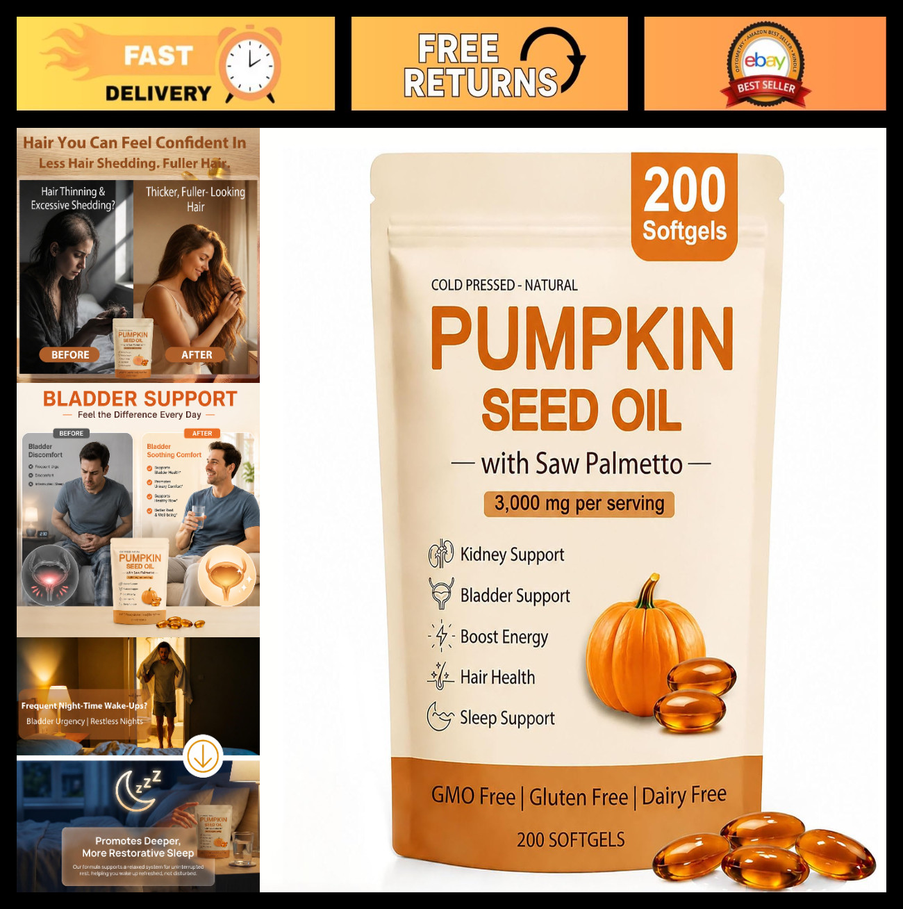 Pumpkin Seed Oil Softgels 3000mg with Saw Palmetto – Kidney Support, Hair Growth