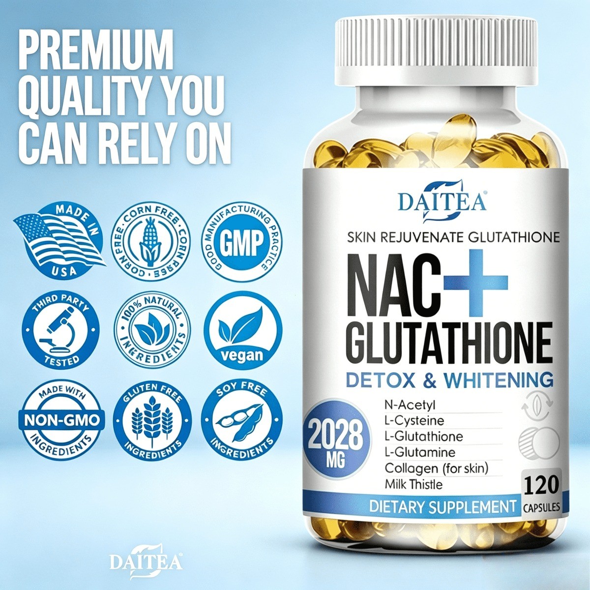 Daitea NAC + Glutathione – Supports Liver & Skin Health,120 Capsules,Antioxidant