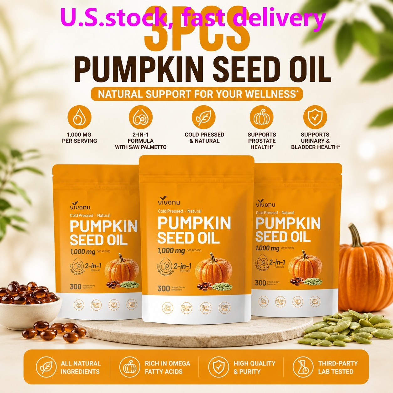 Pumpkin Seed Oil 1000mg with Saw Palmetto 300-Softgels.NEW