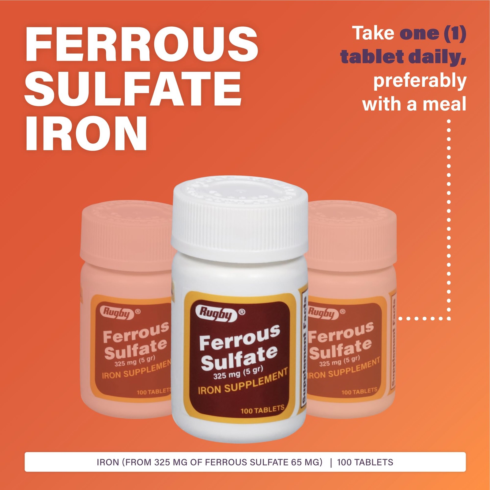 Rugby Ferrous Sulfate Iron Tablets 325mg 100 Count Mineral Supplement Dissolv…