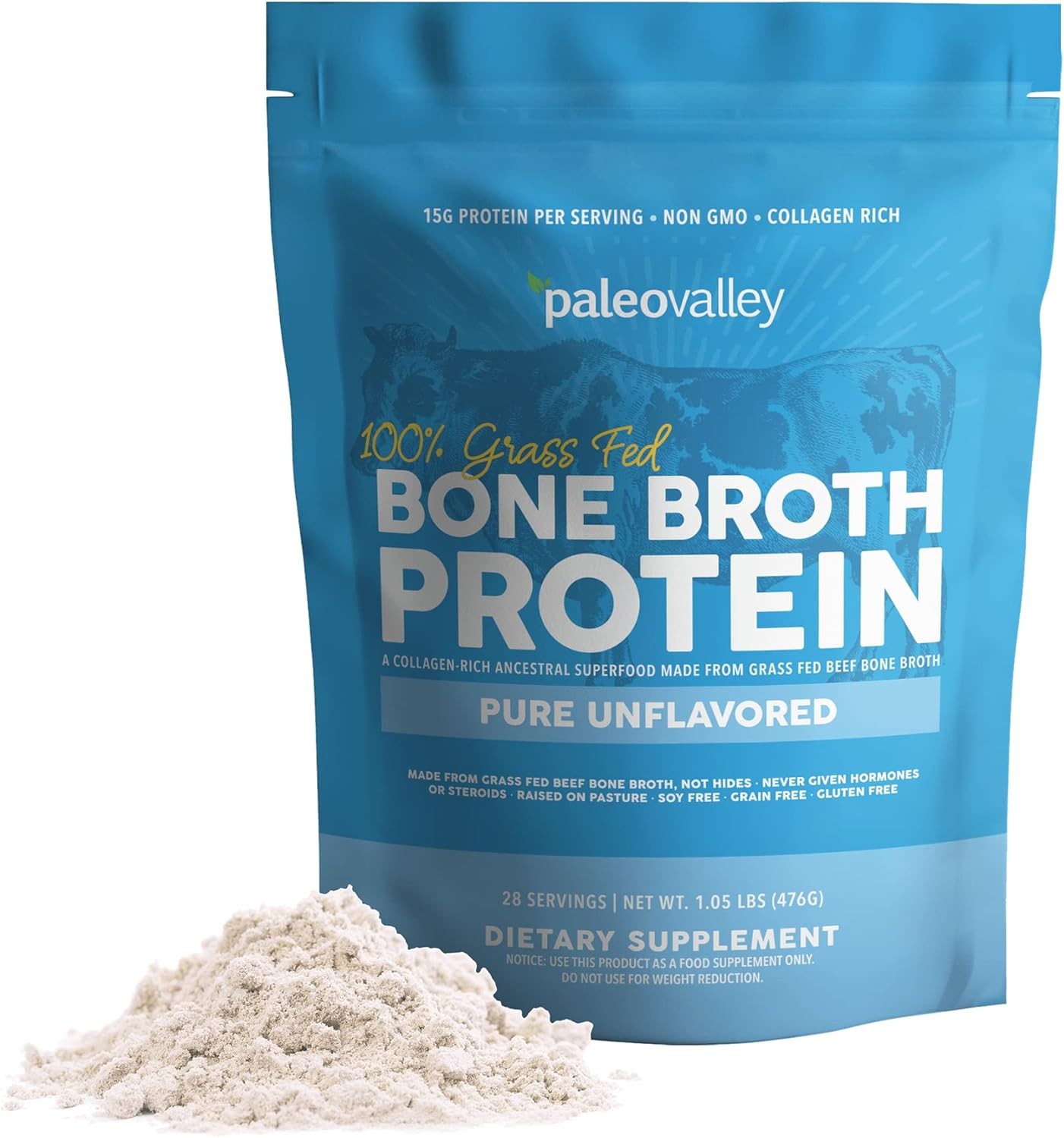 Paleovalley 100% Grass Fed Beef Bone Broth Protein Powder – Rich in Collagen Pep