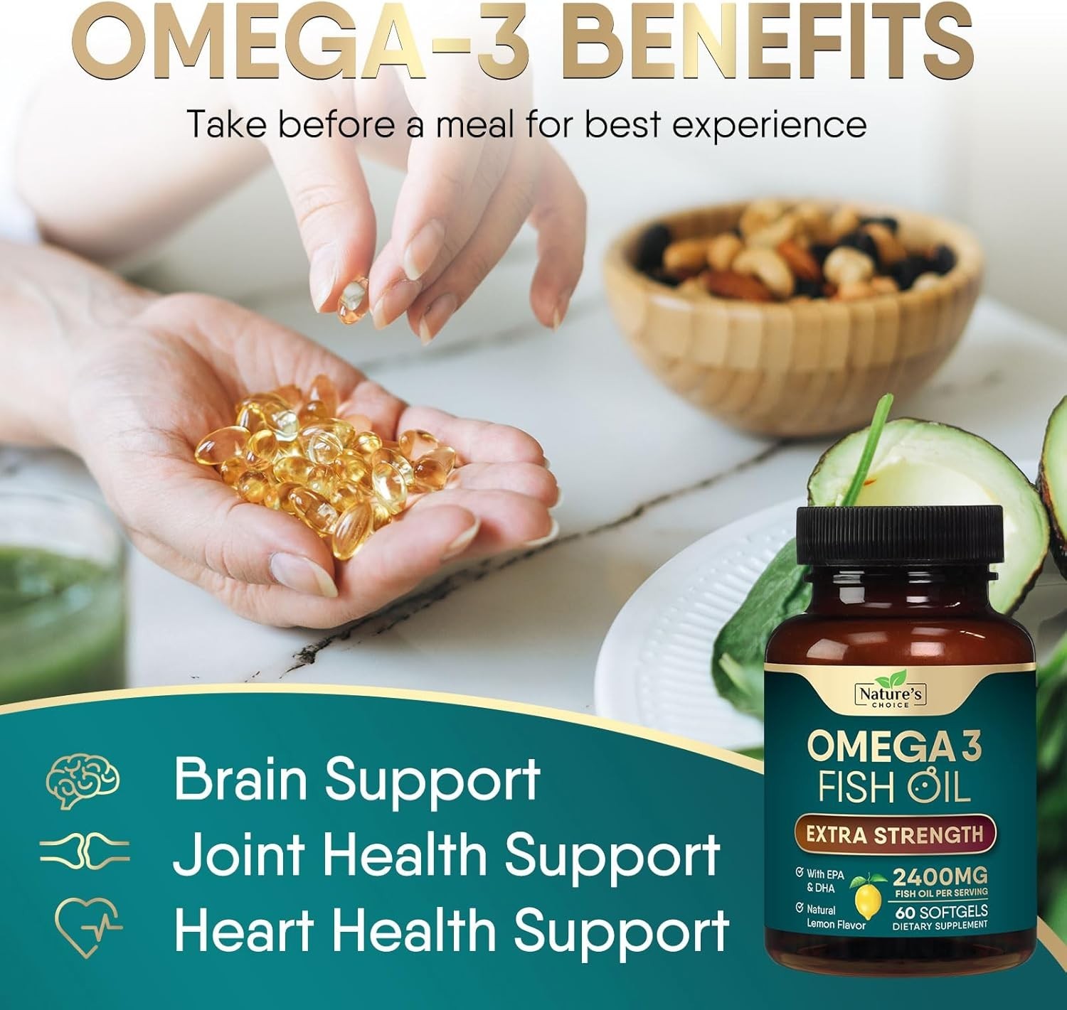 Triple Strength Omega 3 Fish Oil Supplement 2400 mg – EPA & DHA Fish Oil Omega 3