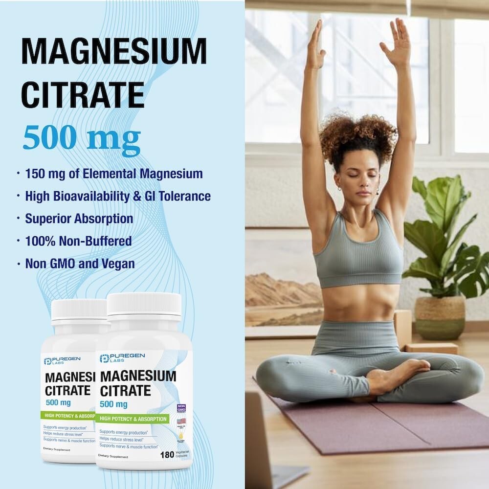 Puregen Labs Magnesium Citrate 500 mg | 180 Vegetarian Capsules | Exp 6/27