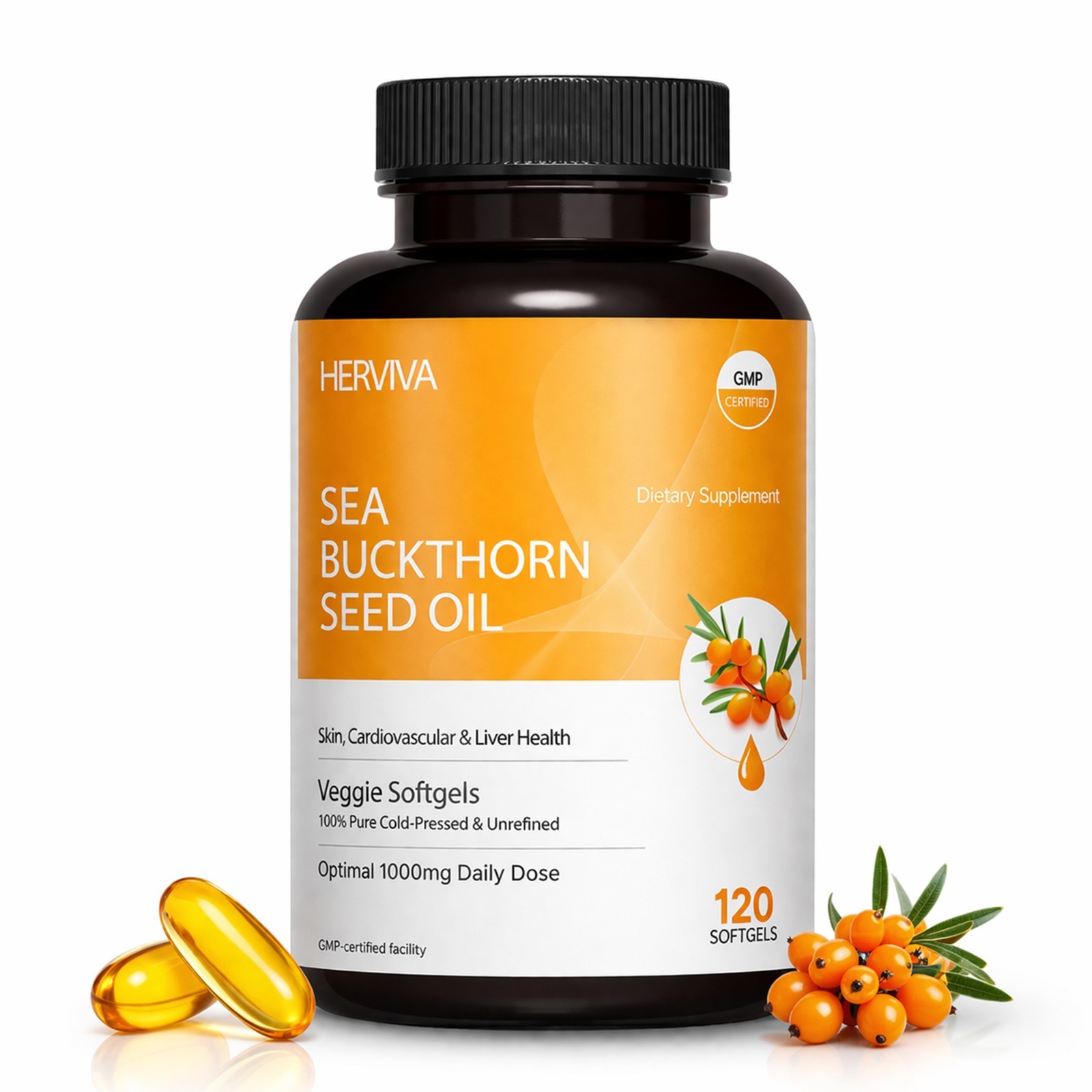 Seabuckthorn Oil Soft Gels 1000 mg per Serving Plant Based 120 Count(60 Serving)