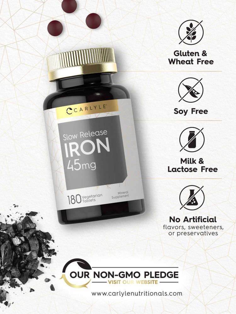 Iron 45 mg | Slow Release | 180 Tablets | Ferrous Sulfate | by Carlyle