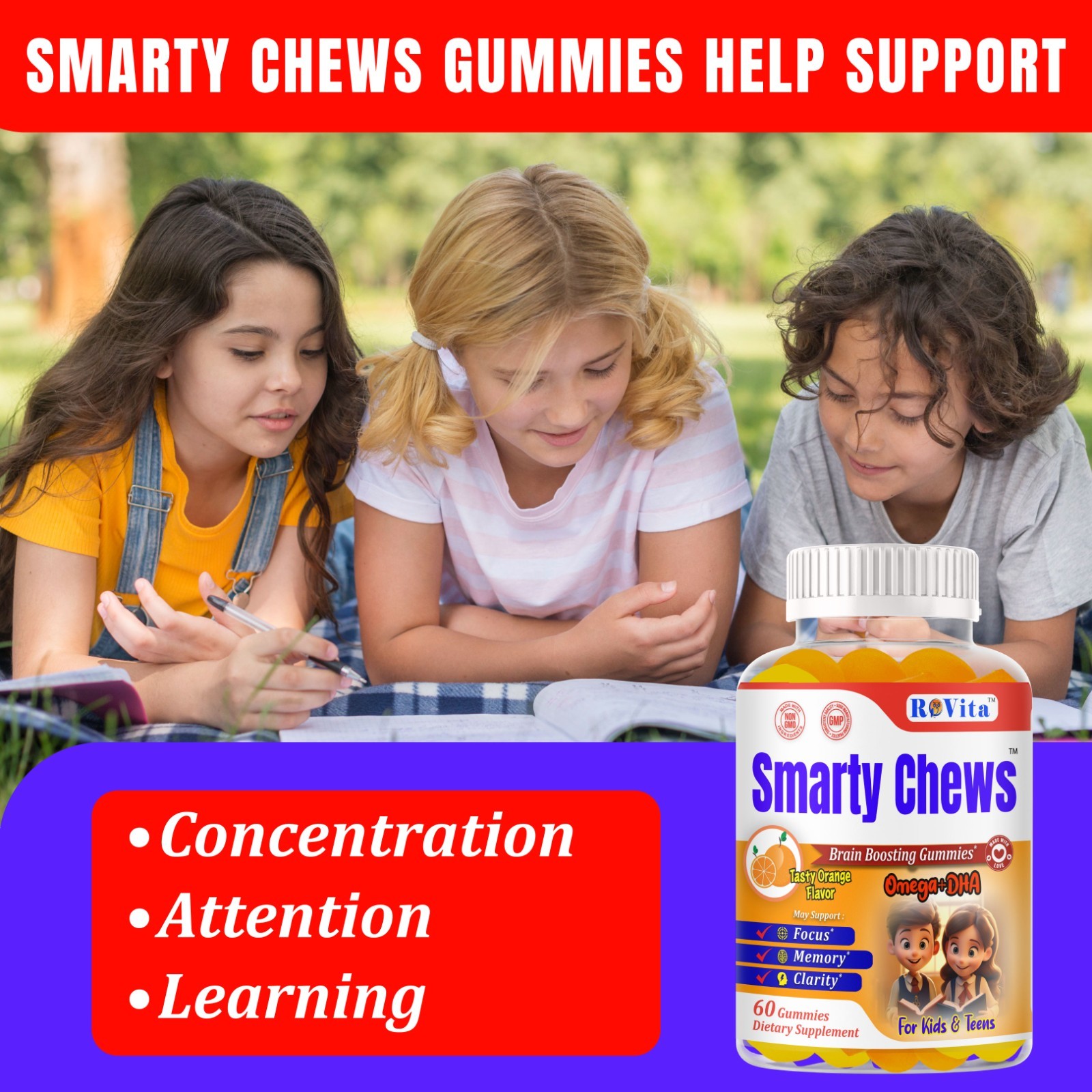 Brain Booster Memory Supplement Focus Gummies for Kids & Teens, Omega 3 & DHA 60