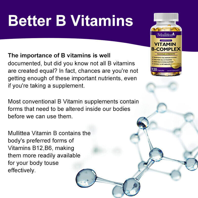 Vitamin B Complex 120 Capsules B1,B2,B3,B5,B6,B7,B9,B12, Immune Support Pills