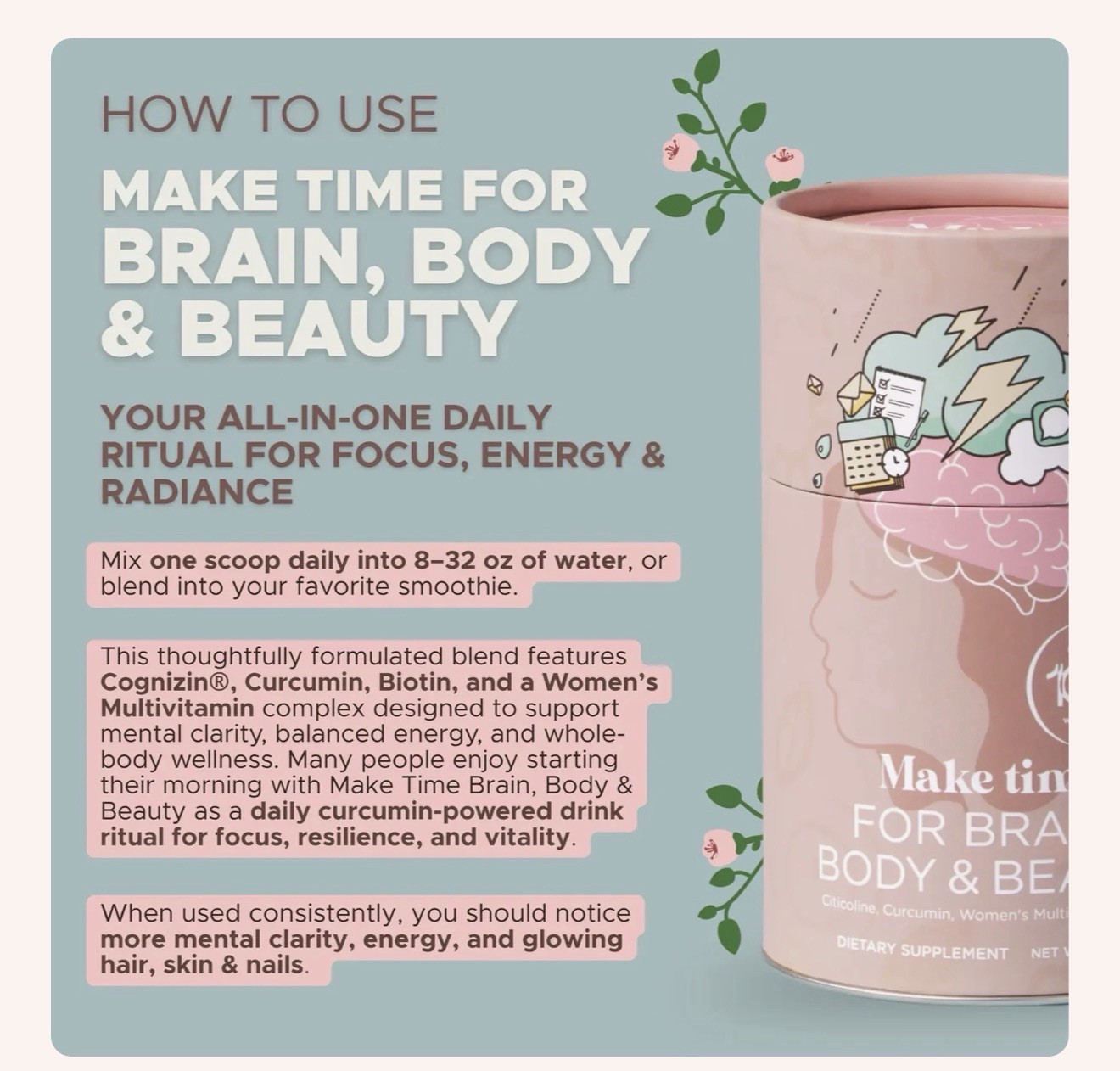 NIB~ Make Time For BRAIN, BODY, & BEAUTY Orange Drink 7.4 oz Women’s Wellness