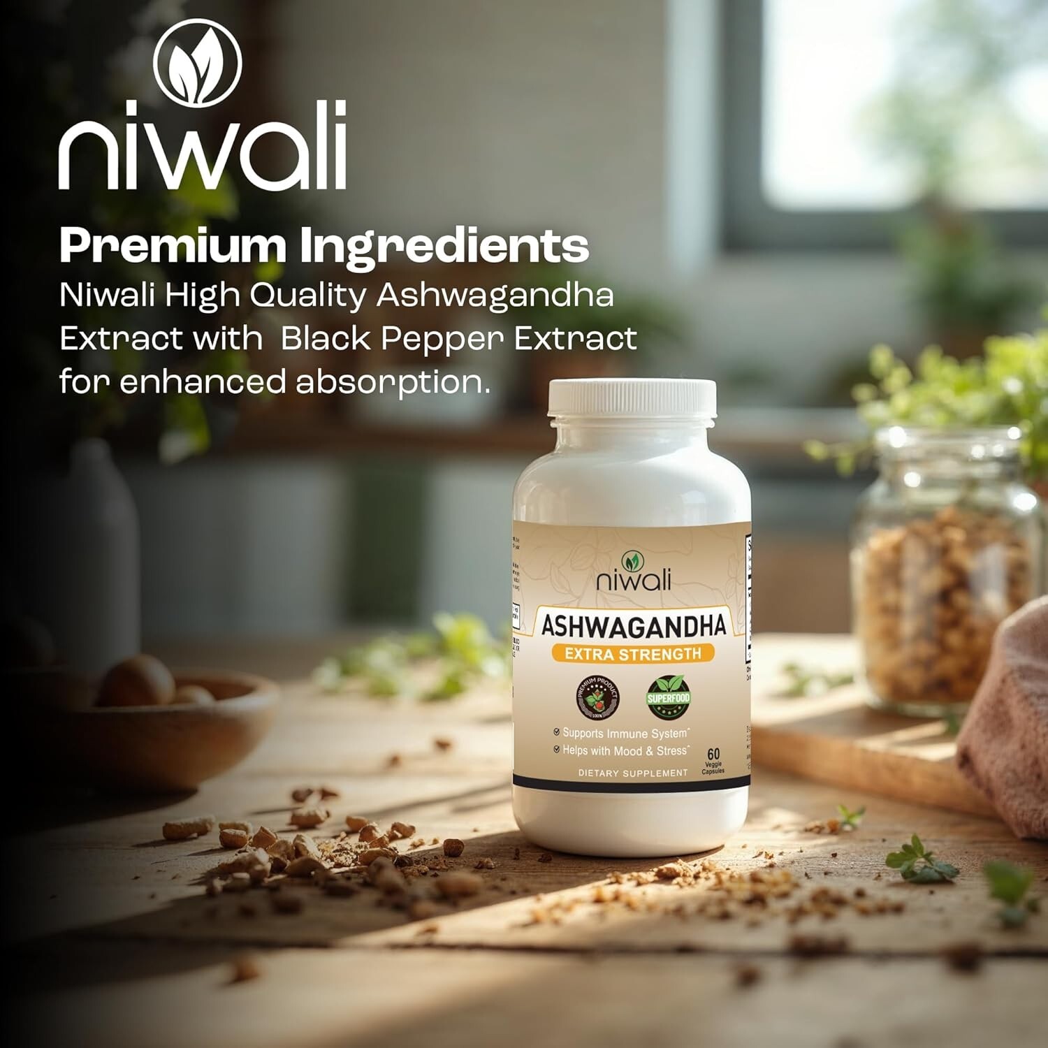 Niwali Ashwagandha Extra Strength 60 Veggie Capsules – Immune, Mood & Stress Sup