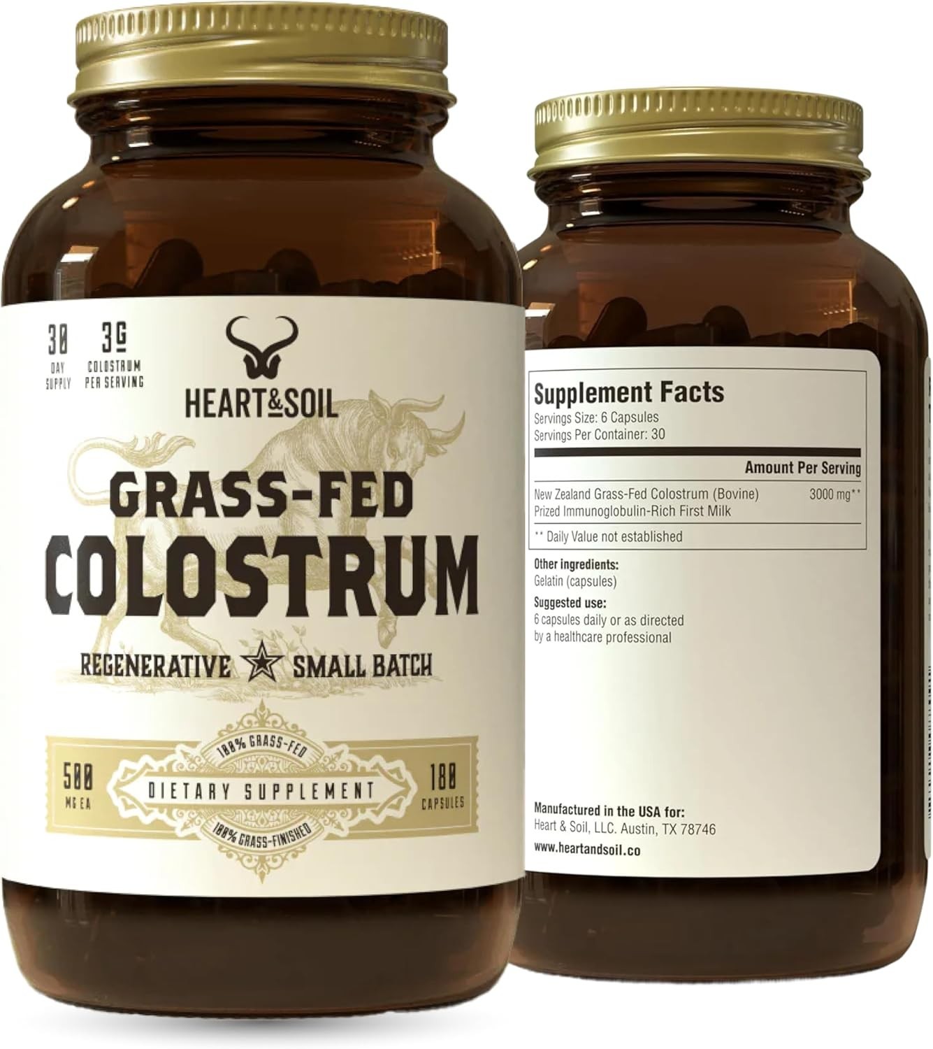HEART & SOIL 100% Grass Fed & Finished Colostrum Supplement – 180 Capsules