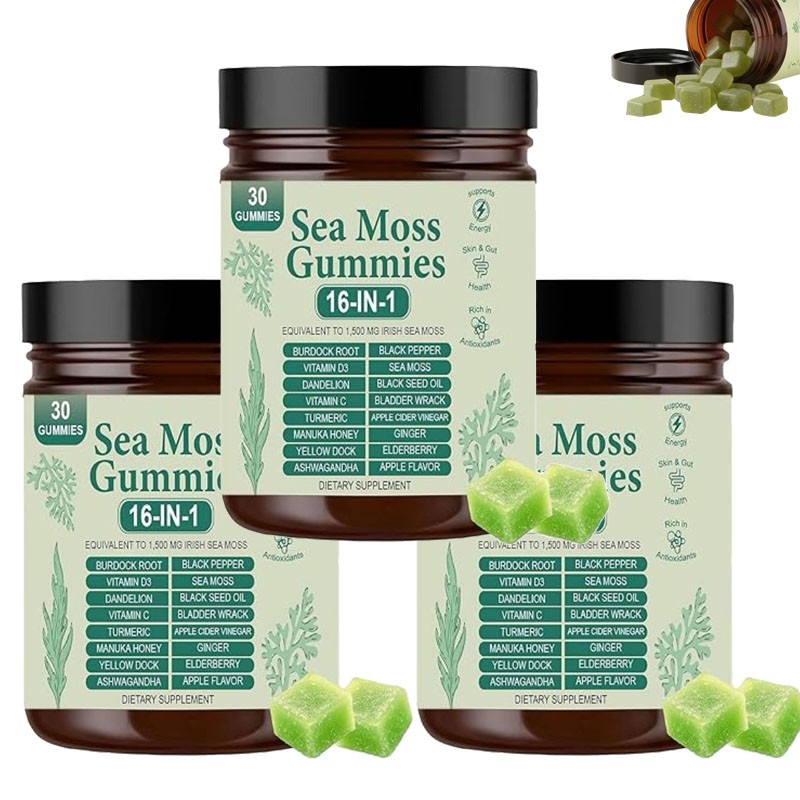 Premium 16 in 1 Organic Sea Moss Gummy | Irishmoss Extract 6000Mg | Green Apple