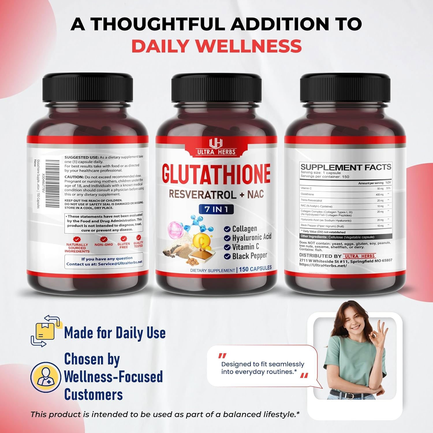 Reduced Form Glutathione Resveratrol NAC Collagen Hyaluronic Acid Vit C 150 Cap