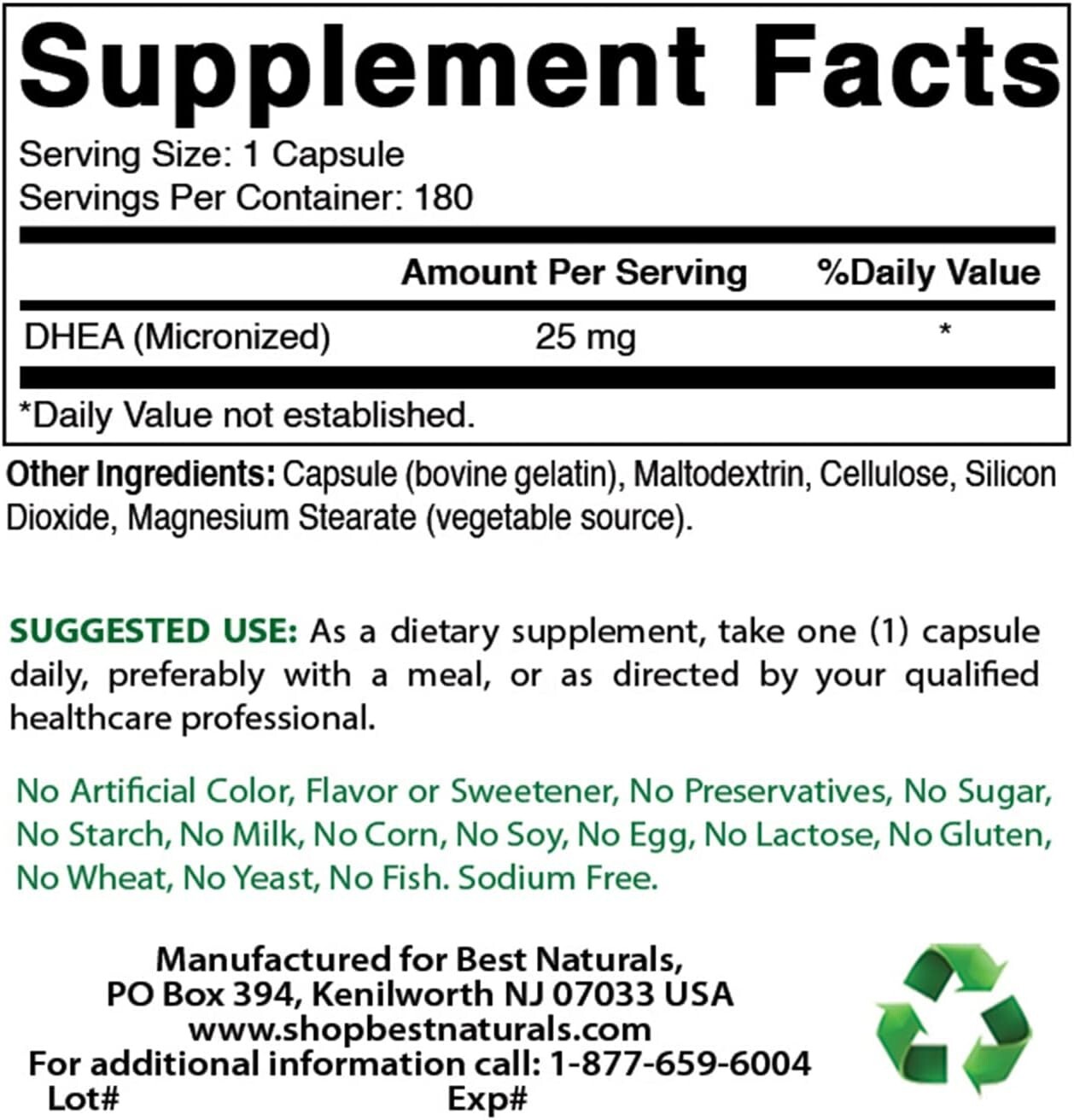 Best Naturals, Micronized DHEA 25 mg – 180 Capsules