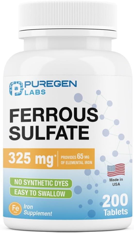 Puregen Ferrous Sulfate 325 mg 65 mg Elemental Iron High Potency Iron 200 Tabs