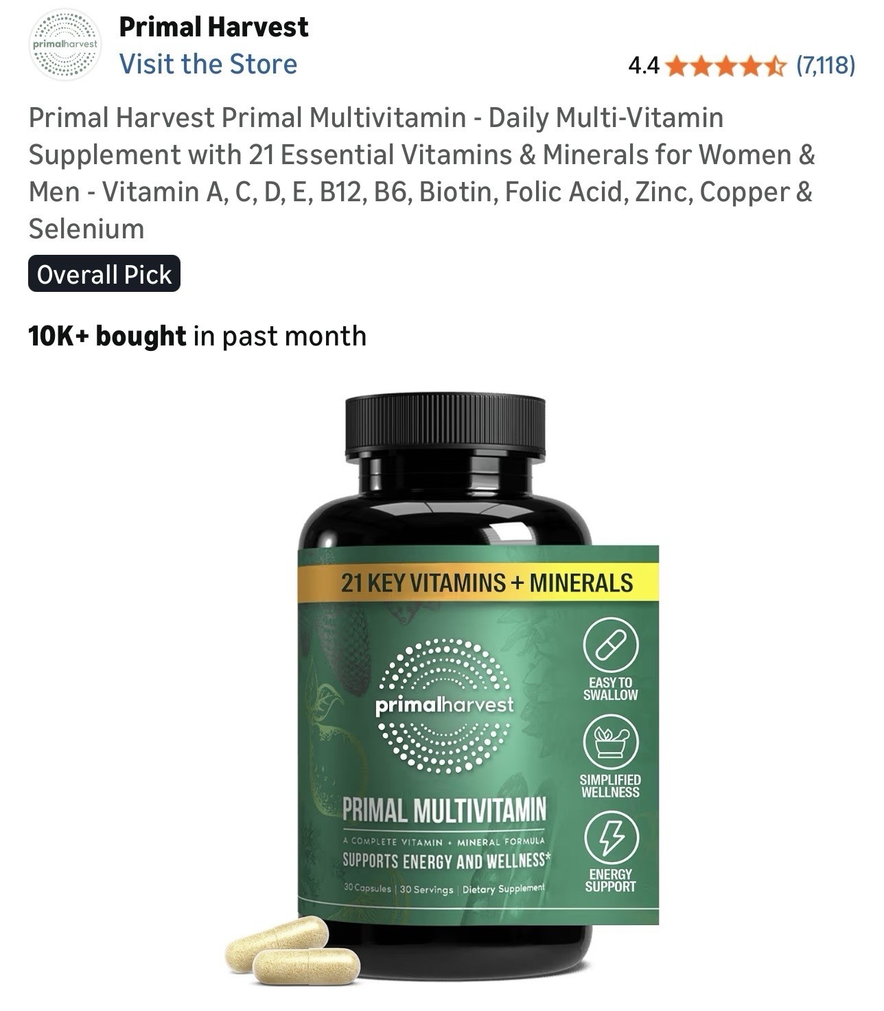 Primal Harvest Multivitamin Capsules 30 Count Unisex Adult Energy Support