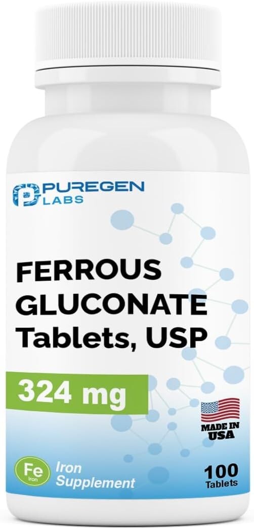 Puregen Labs Ferrous Gluconate 324 mg [High Potency] Iron Supplement 100 tabs