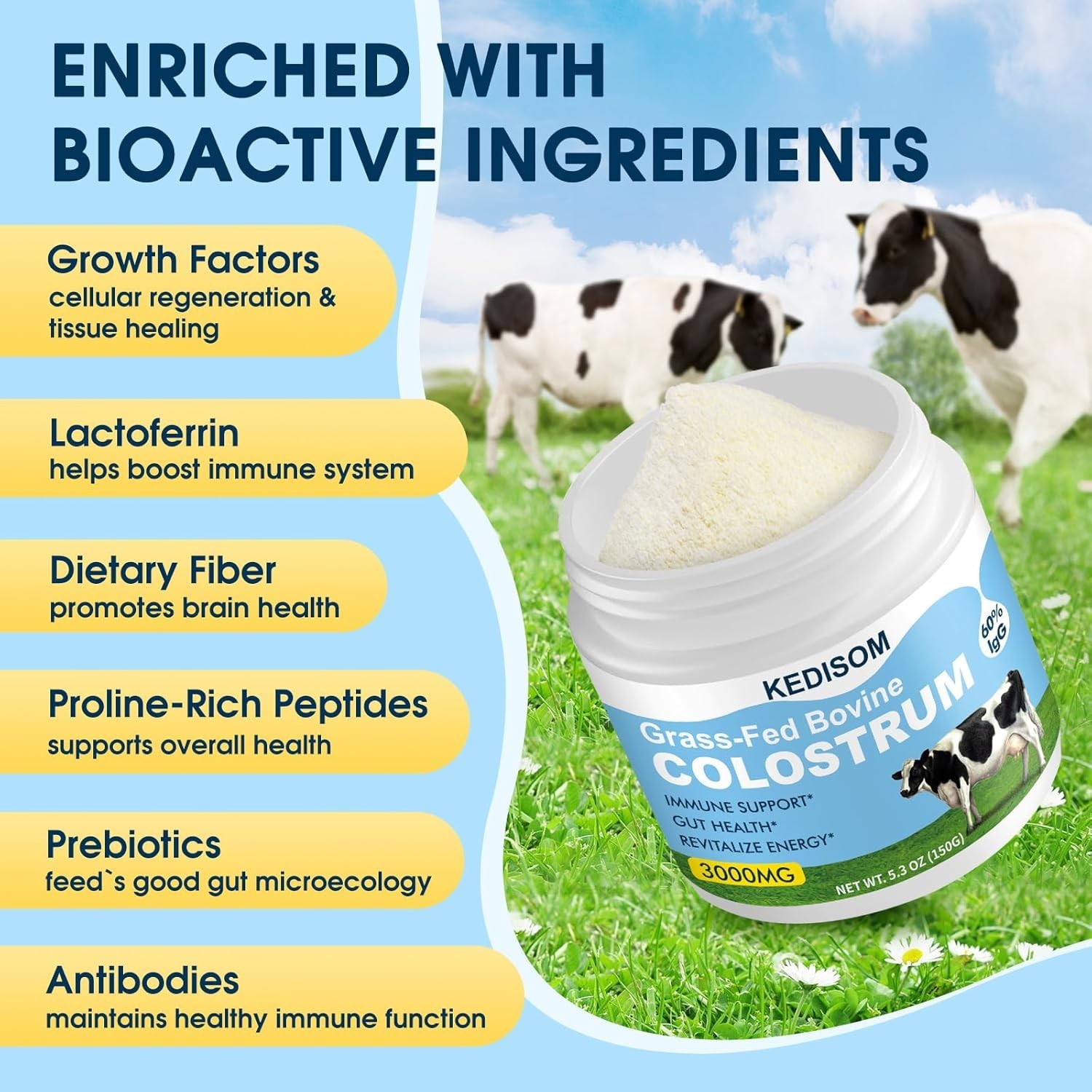 Grass-Fed Bovine 60% High IgG 3000 mg Unflavored, 50 Servings