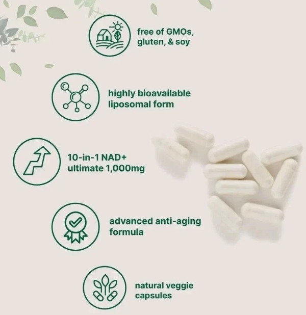 Liposomal NAD+ Ultimate 10-in-1 with Resveratrol ,1000mg | 60 Veggie Capsules