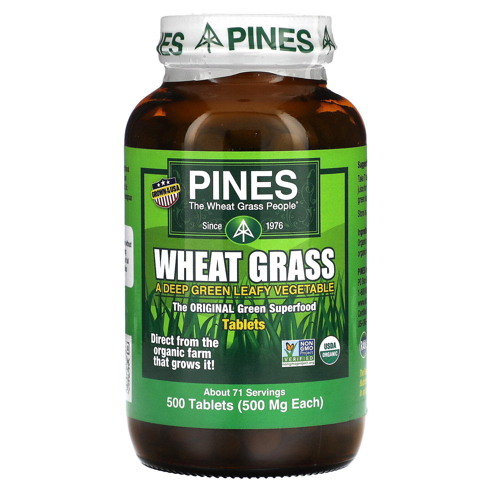 Pines International Organic Wheat Grass 500 mg 500 Tablets Gluten-Free, Non-GMO,