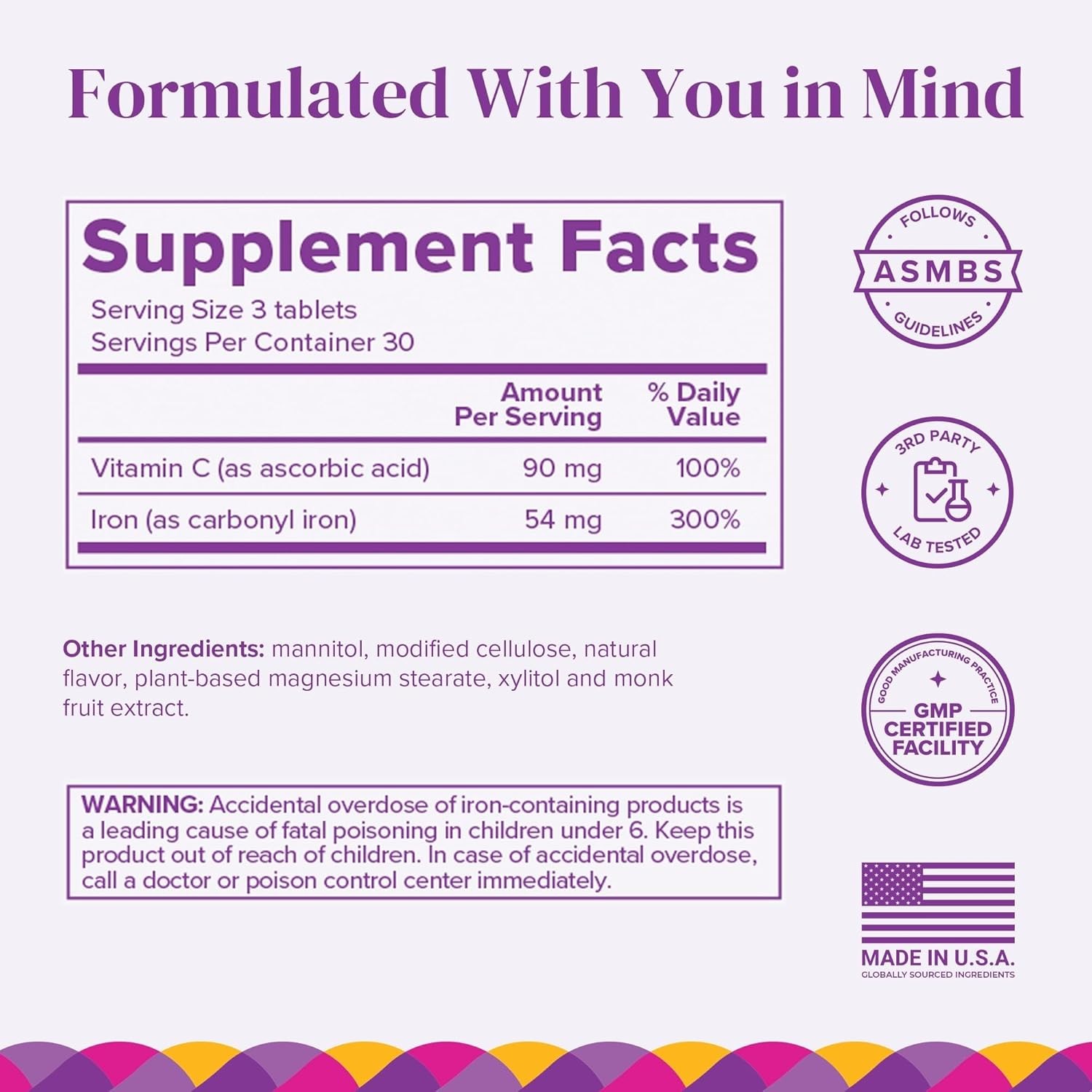 Iron with Vitamin C, 90 Fast-Dissolving Tablets (1-Month Supply), Sugar-Free Bar