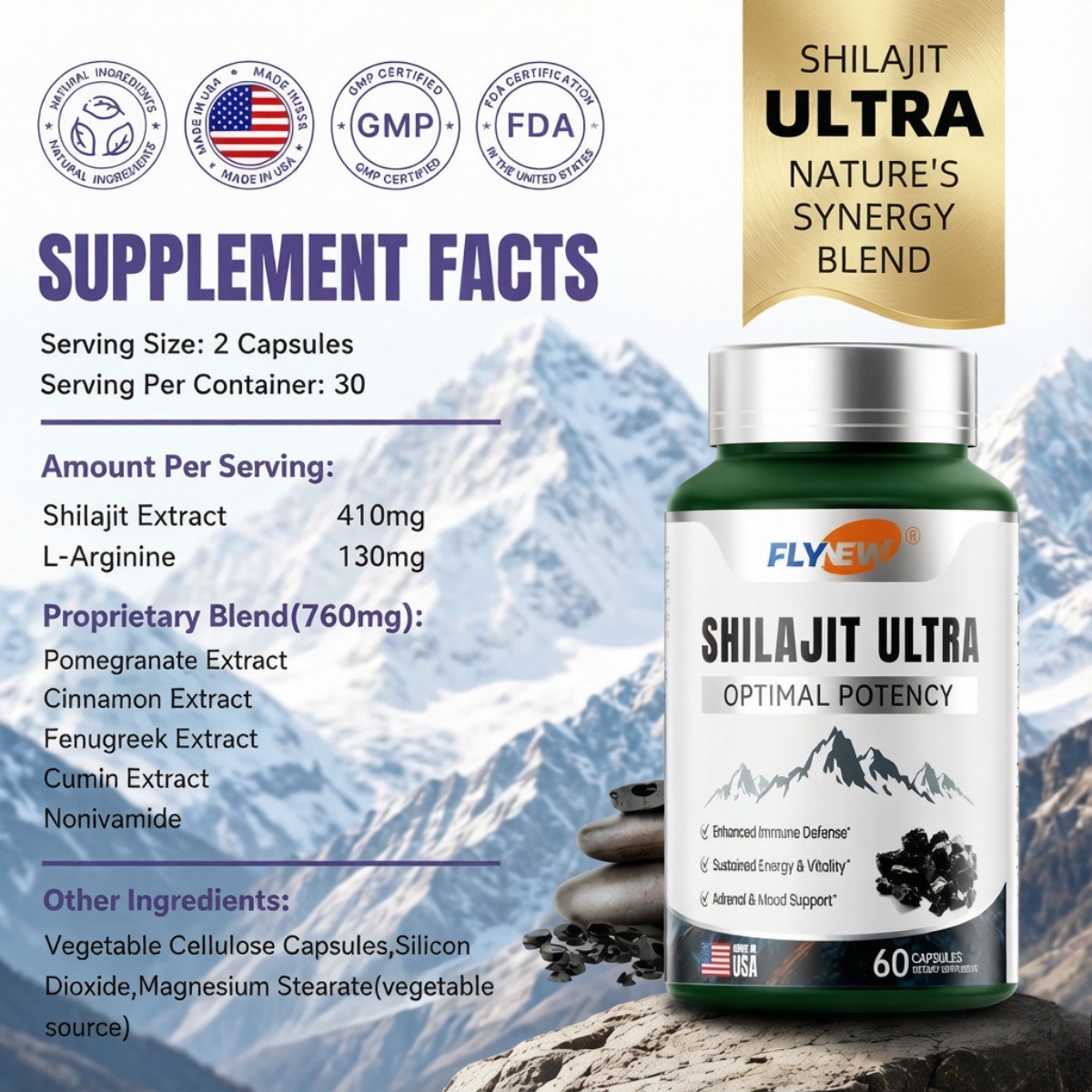 Flynew Shilajit Ultra – 1300mg Himalayan Extract for Energy & Immunity, 60ct
