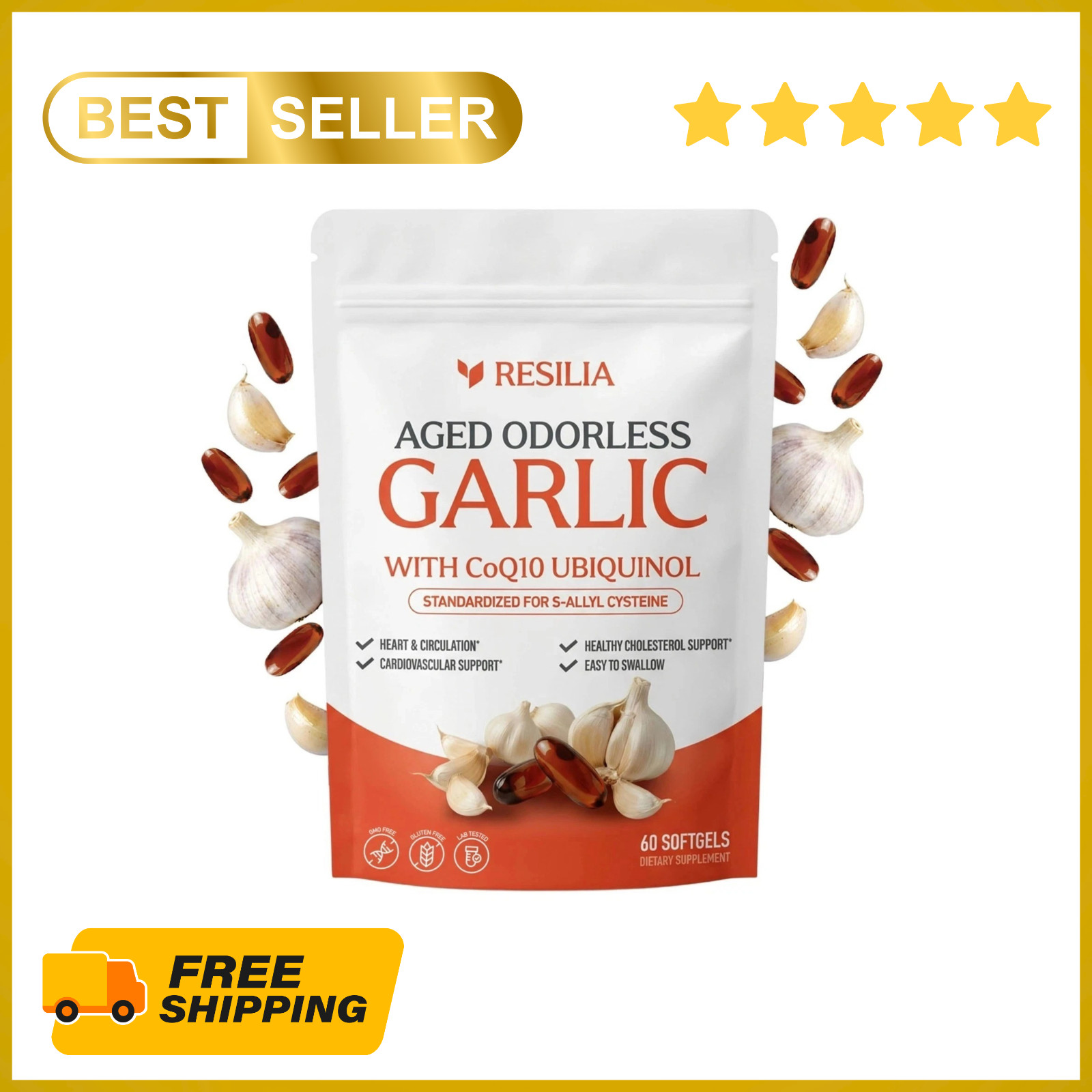 Resilia Garlic Extract 1200mg Softgels (60 Count) – Odorless Aged Garlic Extra..