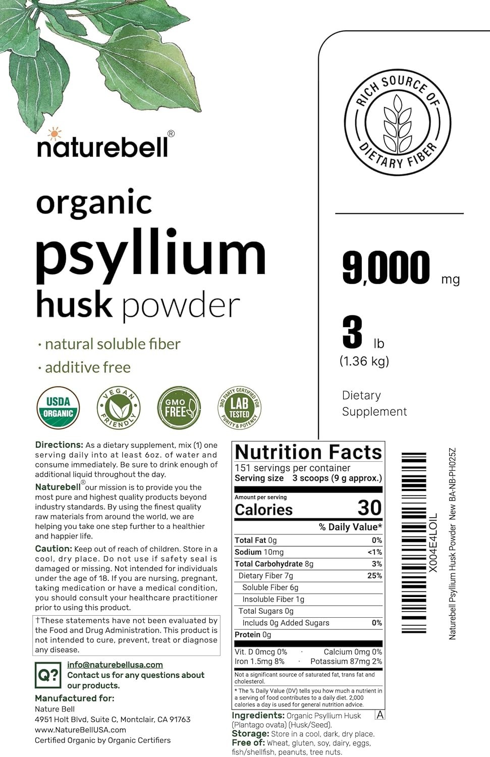 Psyllium Husk Fiber Supplement, 9g Per Serving, 3lb 48oz Powder | Organic Sol…