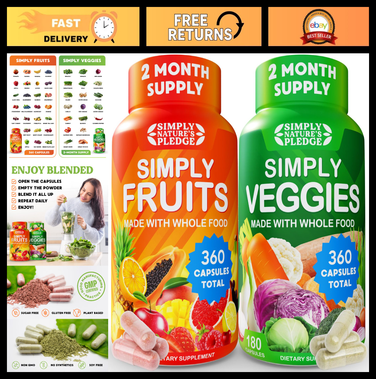42 Superfood Fruits & Veggies – Whole Food Supplement with Aloe Vera – 180 Count