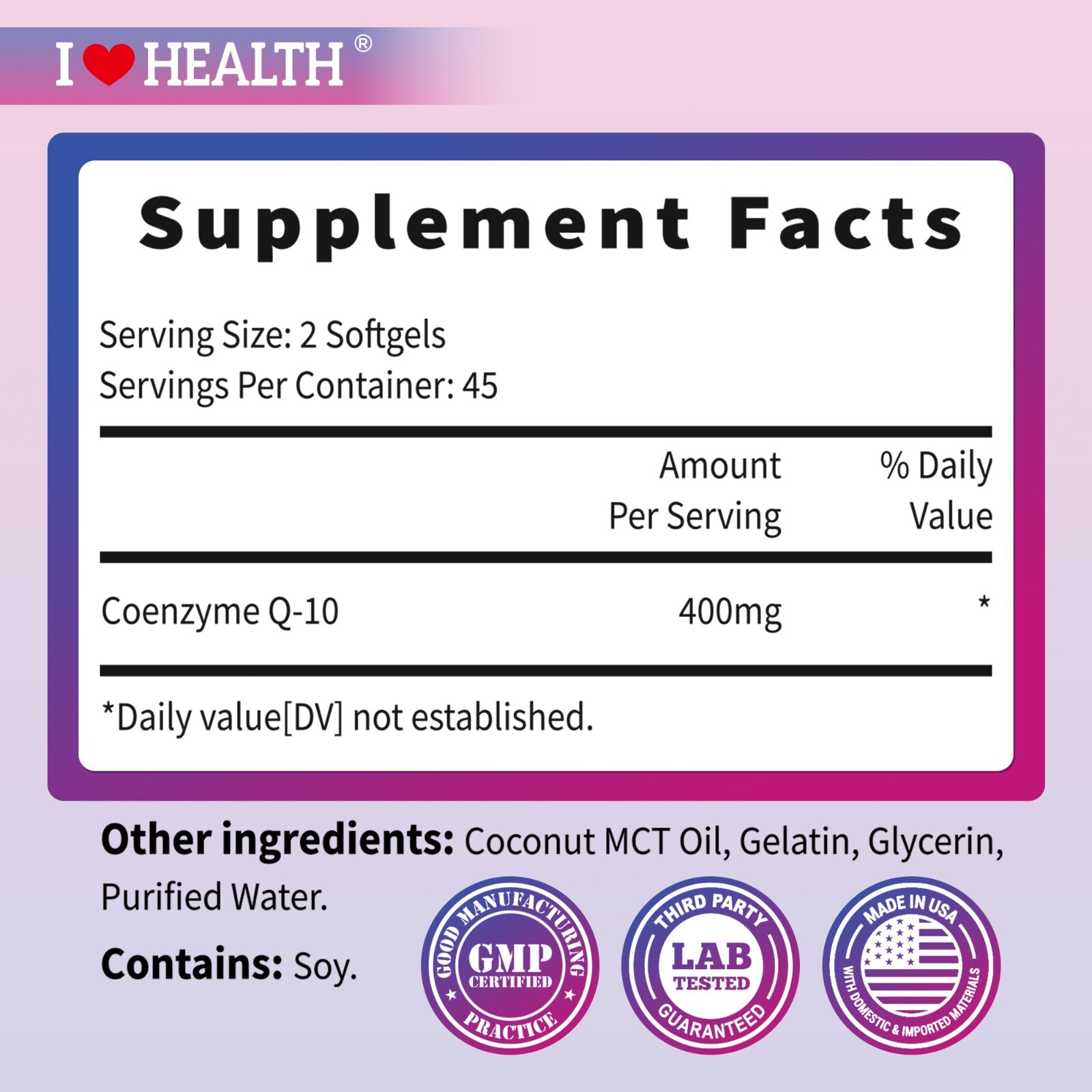 High Absorption Pure CoQ10 400mg 90 Softgels Extra Strength Gluten Free
